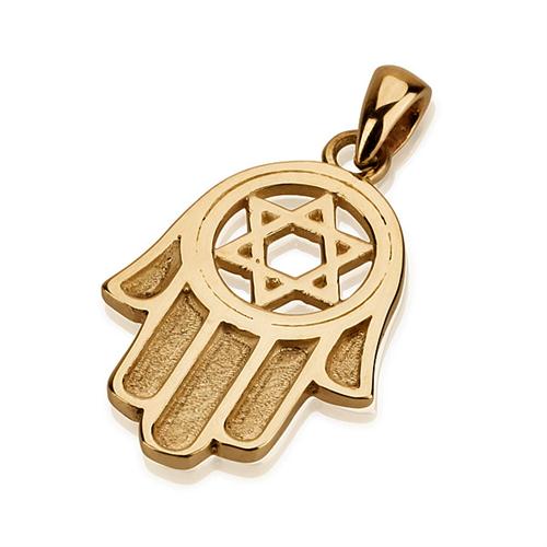 14K Gold Star of David Traditional Hamsa Pendant