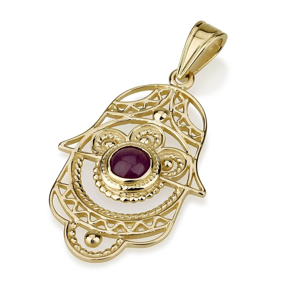 Ruby Filigree Hamsa Pendant 14k Gold