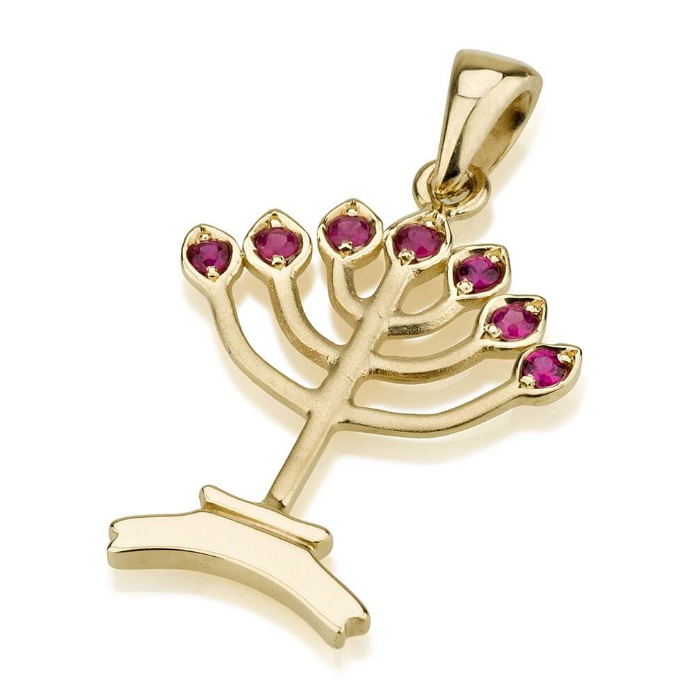 Ruby 14k Gold Menorah Pendant