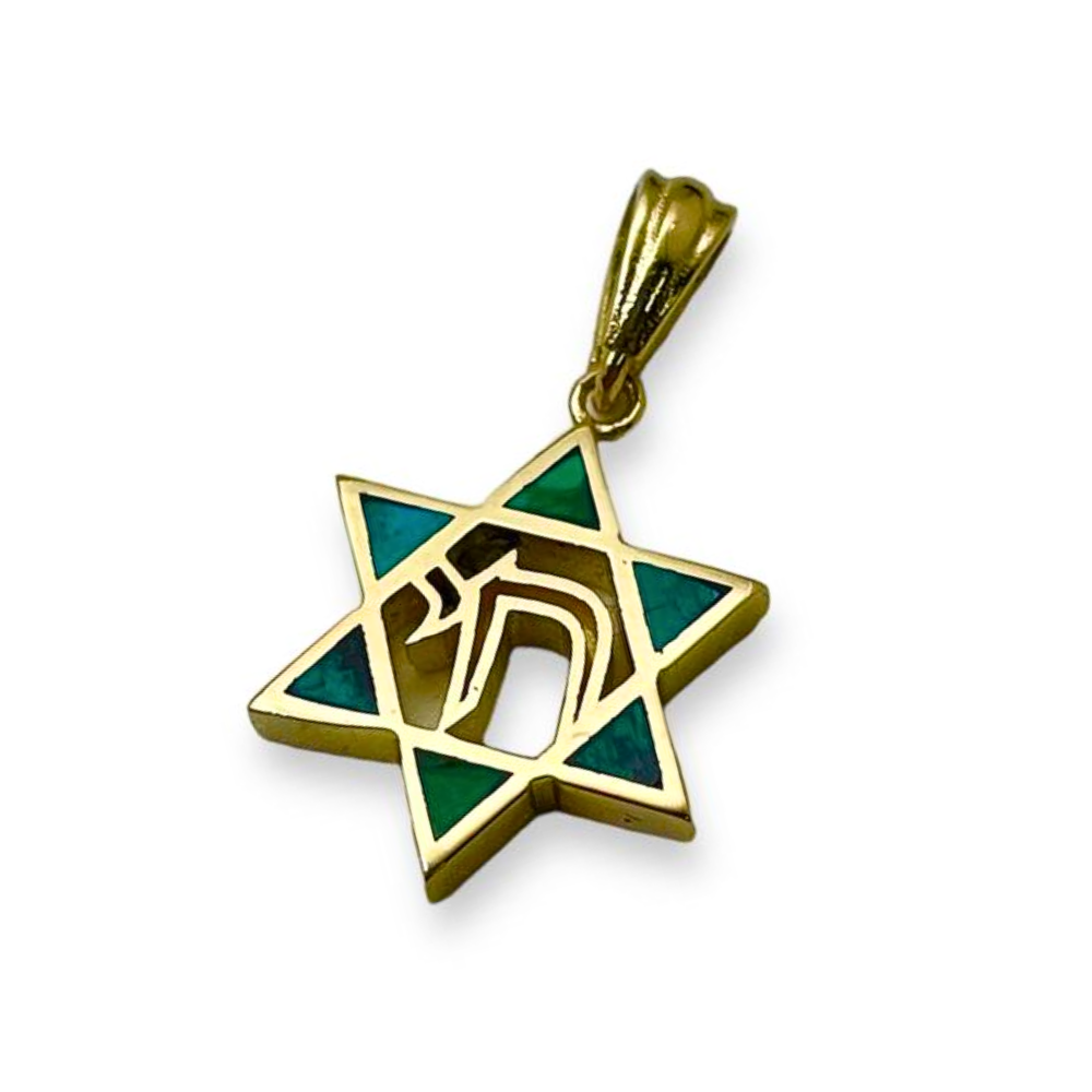 Star of David and Chai Pendant with Eilat Stone in 14K Gold