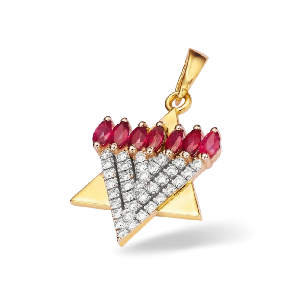 Menorah Pendant with Diamonds and Rubies in 14k Gold