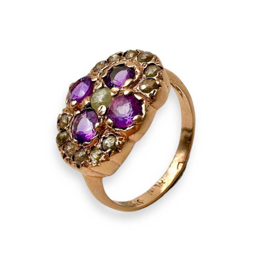 Vintage Style Amethyst and Old Cut Diamonds 14k Gold Ring