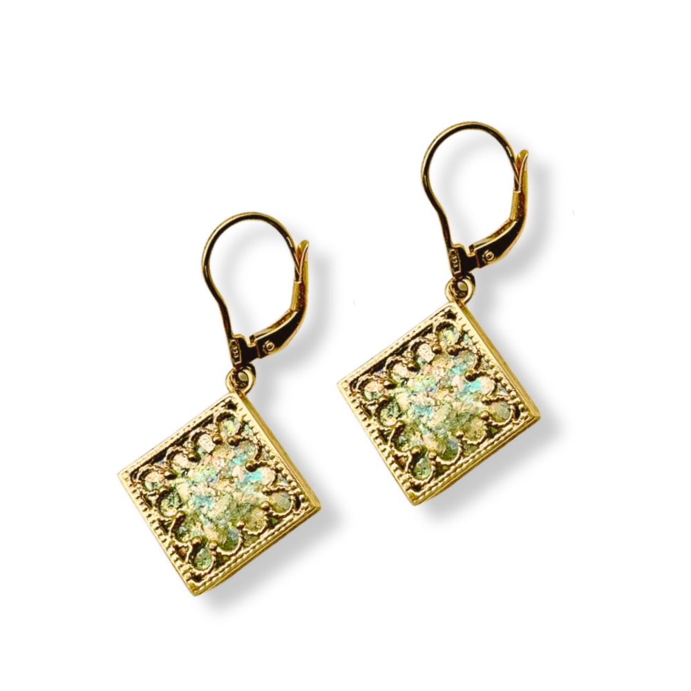 Roman Glass and Yemenite Filigree 14K Gold Earrings - Square