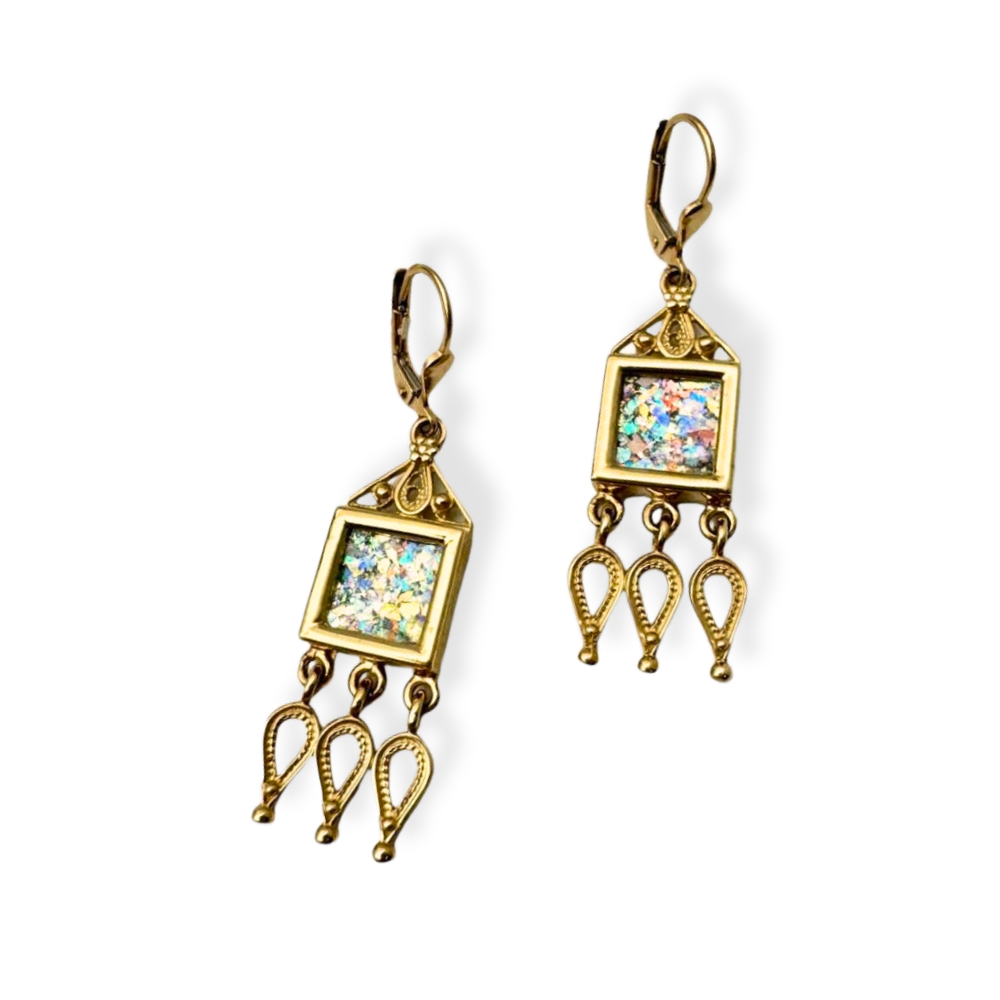 Roman Glass Chandelier Earrings in 14K Gold Filigree Detailing