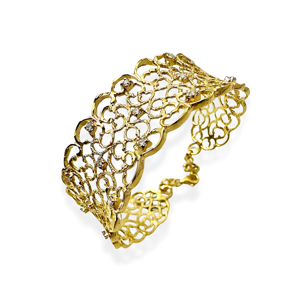 Filigree Gold Bracelet with Diamonds - 14K Gold