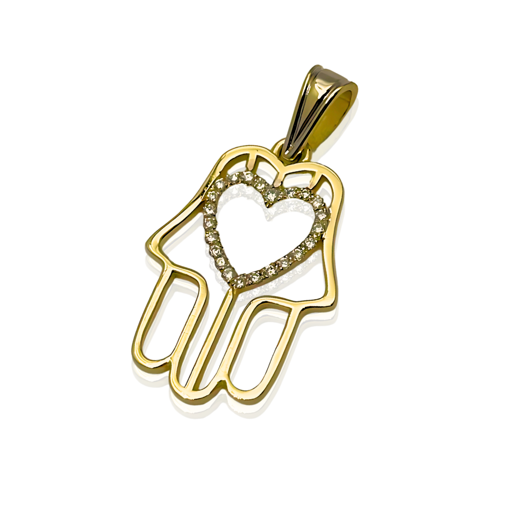 Diamond Heart Hamsa Pendant 14K Gold - Protection Charm