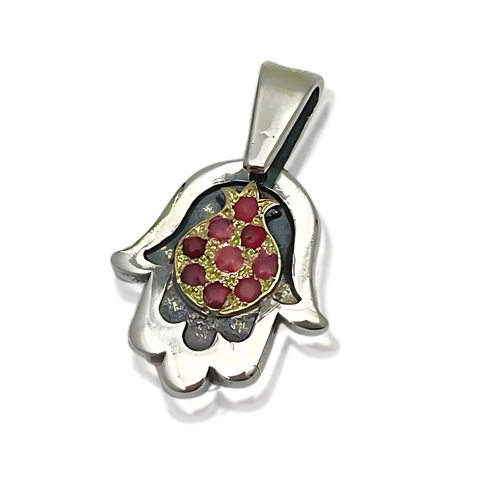 Hamsa with Pomegranate Necklace in Silver & Gold with Rubies