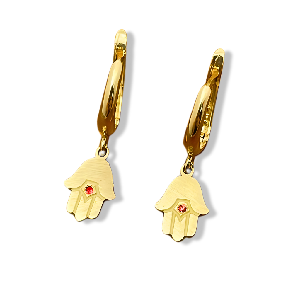 Hamsa Earrings with Ruby in 14k Gold