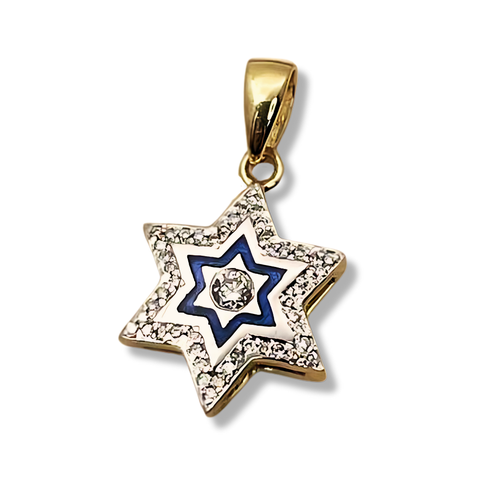 Diamond Star of David Pendant in 14K Yellow & White Gold with Blue Enamel - Small