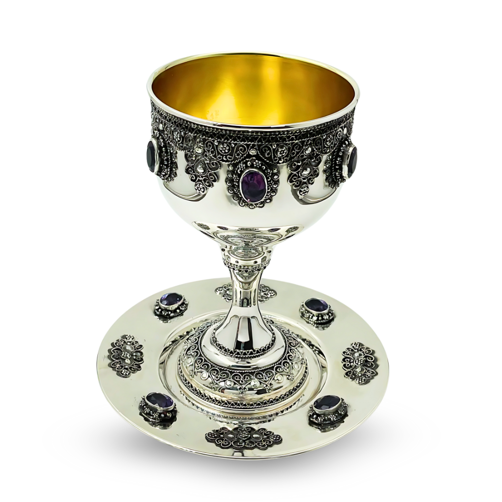 Amethyst Kiddush Cup Set in Sterling Silver with Filigree Yemenite Art