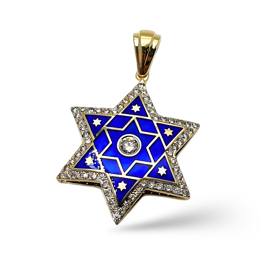 Diamond Star of David Pendant in 14K Yellow & White Gold with Blue Enamel - 1.2" Size